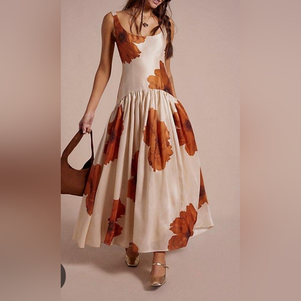 Anthropologie Cream Maxi Dress with Rust Floral Print
